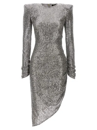 Elisabetta Franchi Sequin Asymmetrical Dress In Silver