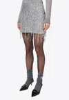 Elisabetta Franchi Sequin Tulle Skirt With Fringe And Metallic Finish In Silver