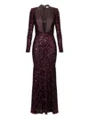 Elisabetta Franchi Sequins V-neck Floor-length Dress With Long Sleeves In Burgundy