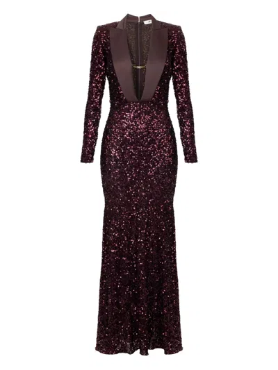 Elisabetta Franchi Sequins V-neck Floor-length Dress With Long Sleeves In Burgundy