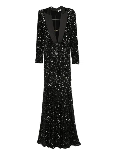 Elisabetta Franchi Sequin-embellished Lapel Maxi Dress In Black