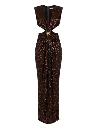 Elisabetta Franchi Sequin-embellished Red Carpet Dress In Brown