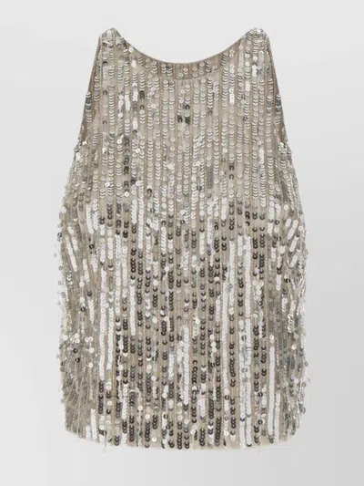 Elisabetta Franchi Sequin Fringe And Bead Halter Top In Beige