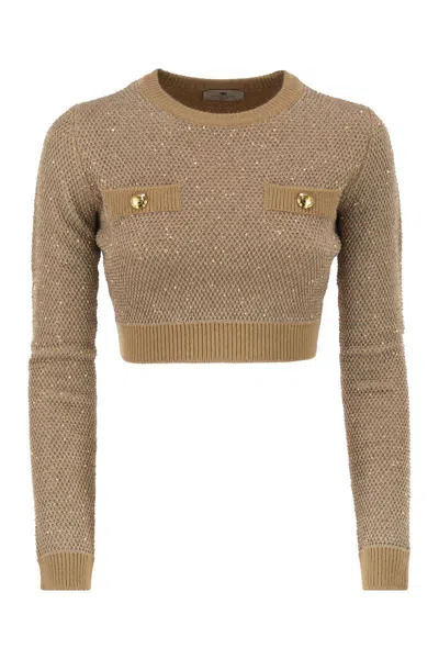Elisabetta Franchi Sequin Knit Top In Brown
