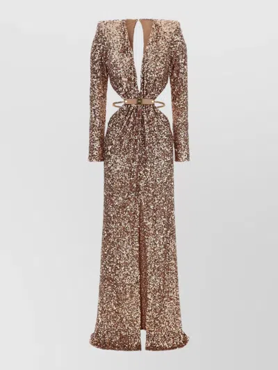 Elisabetta Franchi Sequin Long Sleeve Gown Belted Open Back In Multi
