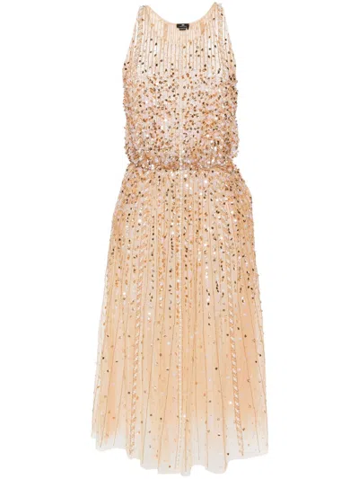 Elisabetta Franchi Sequin-embellished Midi Dress In Tan