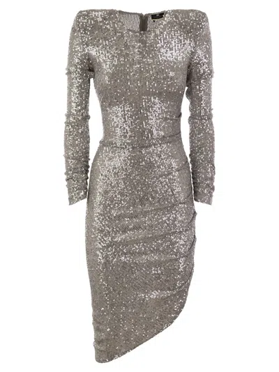 Elisabetta Franchi Sequin Minidress With Asymmetric Skirt In Pearl