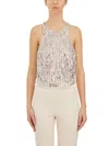 Elisabetta Franchi Sequin Fringe And Bead Halter Top In Gray