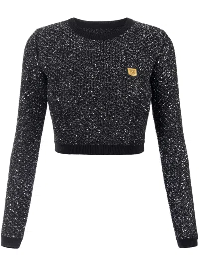 Elisabetta Franchi Sequin-thread Wool Crop Top In Nero E Argento