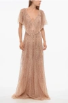 Elisabetta Franchi Sequined Chiffon Dress With Butterfly Sleeves In Brown