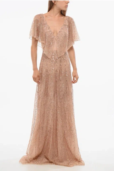 Elisabetta Franchi Sequined Chiffon Dress With Butterfly Sleeves In Brown
