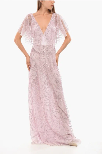 Elisabetta Franchi Sequined Chiffon Dress With Butterfly Sleeves In Pink