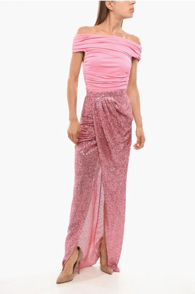 Elisabetta Franchi Sequined Dress With Draped Neckline In Pink