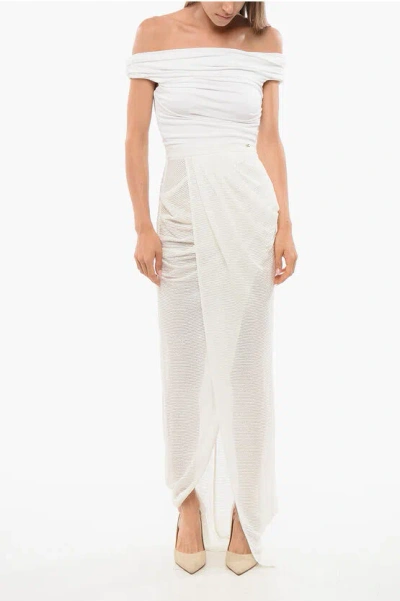 Elisabetta Franchi Sequined Dress With Draped Neckline In White