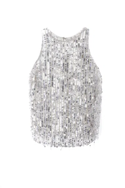 Elisabetta Franchi Sequined Halter Top With Fringe Detail And Silhouette In Silver