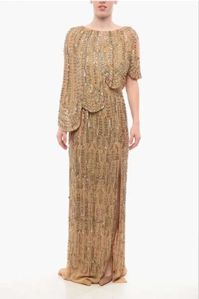 Elisabetta Franchi Sequined Maxidress With Cape Design In Brown
