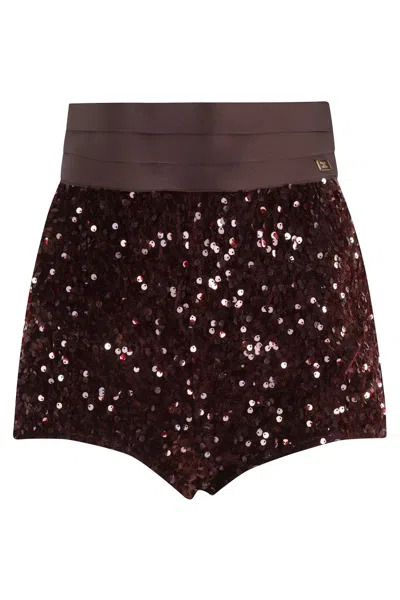 ELISABETTA FRANCHI SEQUINED MERLOT SHORTS WITH BACK POCKETS