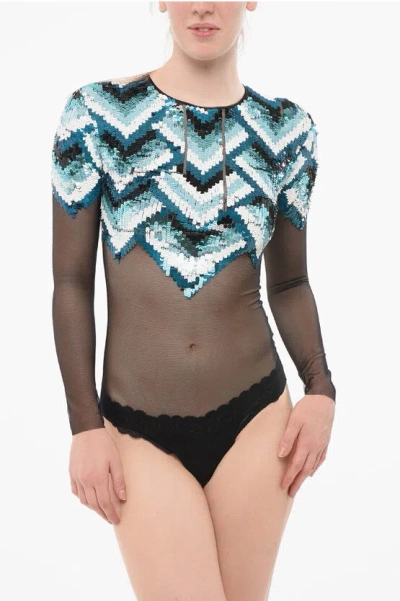 Elisabetta Franchi Sequined Mesh Bodysuit In Blue