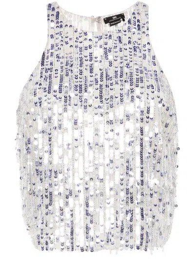 Elisabetta Franchi Sequined Halter Top With Fringe Detail And Silhouette In Silver
