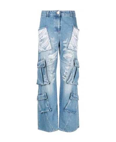 Elisabetta Franchi Sequined Wide-leg Cargo Pants In Blue