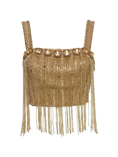 Pre-owned Elisabetta Franchi Sequin-embroidered Tweed Top In Gold