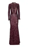 Elisabetta Franchi Sequins V-neck Floor-length Dress With Long Sleeves In Purple