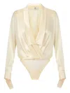Elisabetta Franchi Shawl-lapel Satin Bodysuit In Neutral