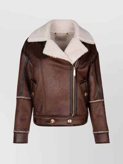 Elisabetta Franchi Shearling Collar Buttoned Coat With Side Pockets In Cuoio