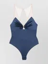Elisabetta Franchi Sheer Back Ruched Bodysuit With Ring Embellishment In Blue