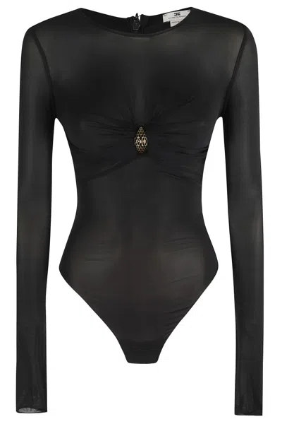 ELISABETTA FRANCHI SHEER BLACK BODYSUIT WITH JEWEL DETAIL