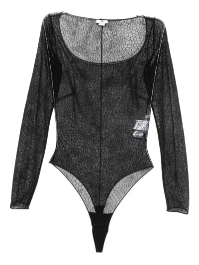 ELISABETTA FRANCHI SHEER BLACK BODYSUIT WITH SUBTLE HEXAGONAL MESH