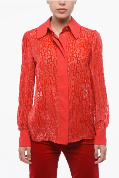 Elisabetta Franchi Sheer Blouse With Flocked Lettering In Red