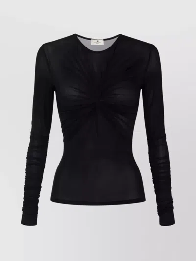 Elisabetta Franchi Sheer Crew Neck Top With Ruched Detail In Black