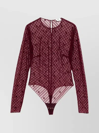 Elisabetta Franchi Sheer Embroidered Tulle Bodysuit Monogram In Rouge Noir