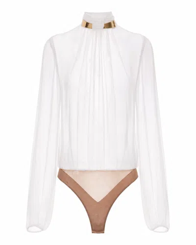 Elisabetta Franchi Sheer High Neck Long Sleeve Bodysuit In White