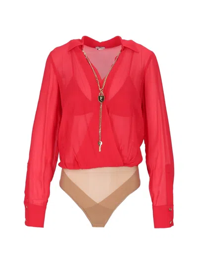 Elisabetta Franchi Sheer Long-sleeved Gold Chain Bodysuit In Red