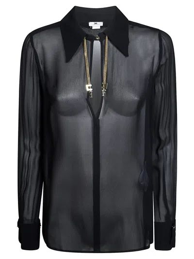Elisabetta Franchi Sheer Zip V-neck Blouse In Black
