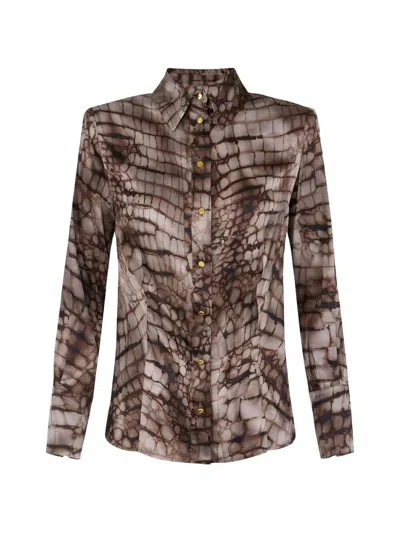 Elisabetta Franchi Brown Shirt With Classic Collar And All-over Print In Stretch Viscose For Women