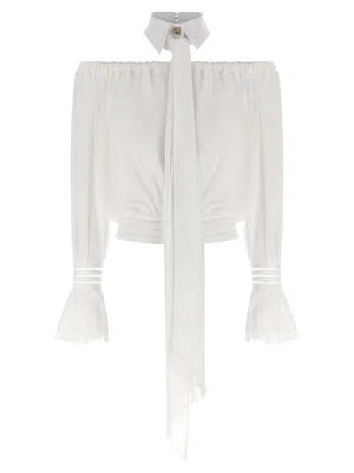 Elisabetta Franchi Voluminous Off-shoulder Blouse With Structured Collar In White