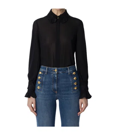 Elisabetta Franchi Shirt In Georgette Fabric With Floral Embroideries In Black