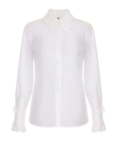 Elisabetta Franchi Shirt In Georgette Fabric With Floral Embroideries In Ivory