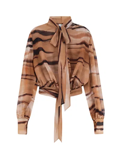 Elisabetta Franchi Cropped Shirt Animalier Print Bow Tie Waist In Brown