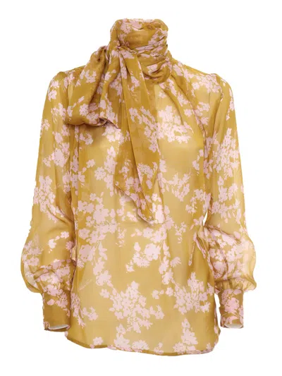 Elisabetta Franchi Floral Print Silk Blouse With Bow Detail In Yellow
