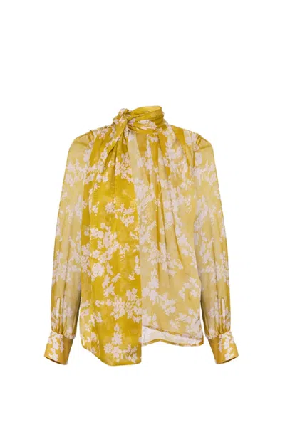 Elisabetta Franchi Floral Print Silk Blouse With Bow Detail In Yellow