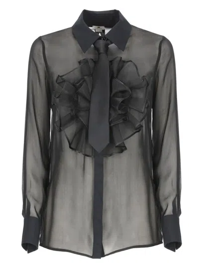 Elisabetta Franchi Silk Shirt With Bow Tie And Fringes In Black