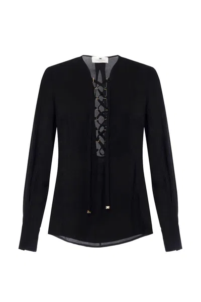 Elisabetta Franchi Women's Lace Up Georgette Blouse Shirt In Black