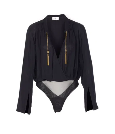 Elisabetta Franchi Bodysuit Style With Gold Chain Detail In Black