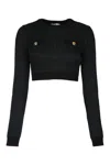 Elisabetta Franchi Textured Knit Cropped Sweater With Jewel-button Pockets In Black