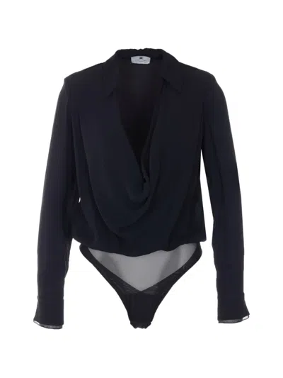 Elisabetta Franchi Draped Front Collared Viscose Bodysuit In Black