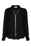 Elisabetta Franchi Sheer Fabric Collared Neck Gold Chain Long Sleeves In Black